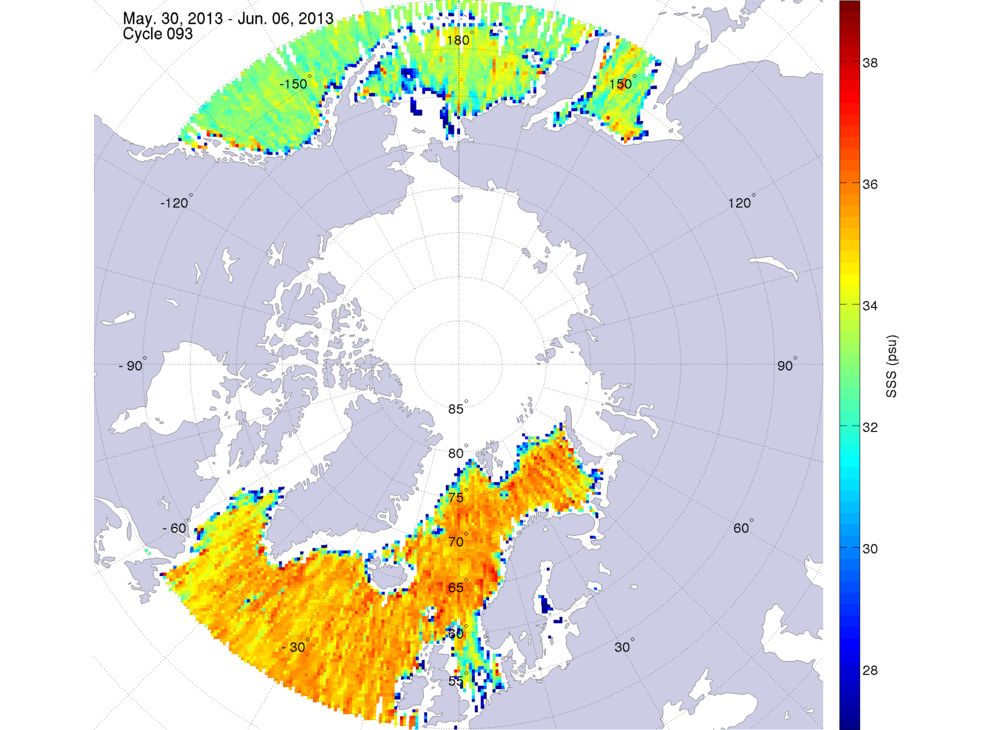 Sea surface salinity maps of the northern hemisphere ocean, week ofMay 30 - June 6, 2013.
