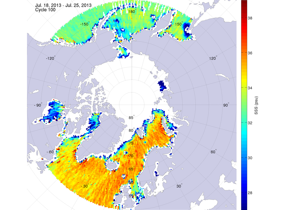 Sea surface salinity maps of the northern hemisphere ocean, week ofJuly 18-25, 2013.