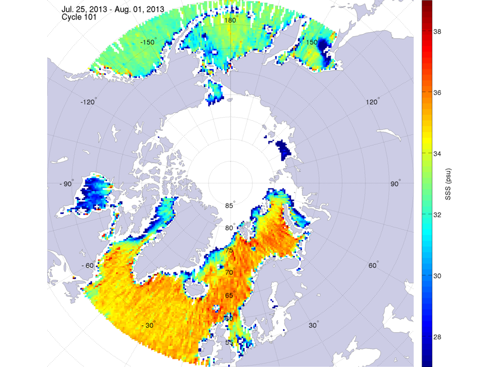 Sea surface salinity maps of the northern hemisphere ocean, week ofJuly 25 - August 1, 2013.
