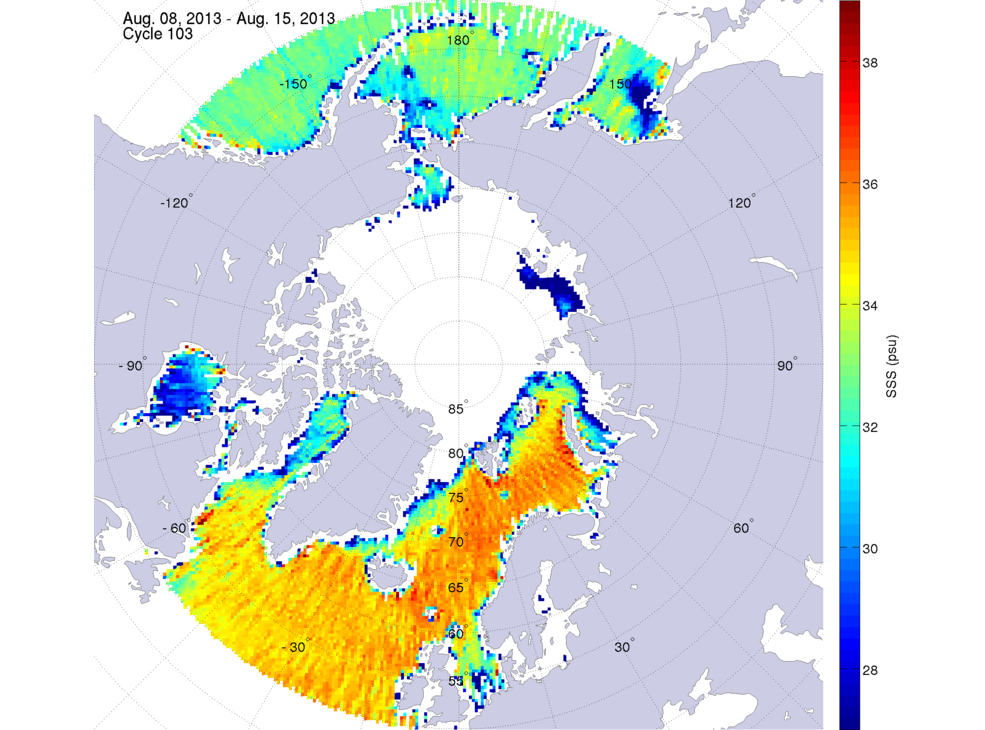 Sea surface salinity maps of the northern hemisphere ocean, week ofAugust 8-15, 2013.