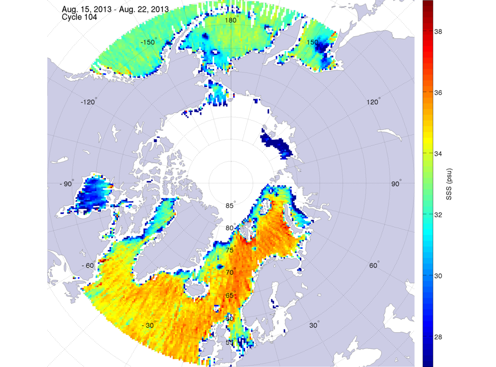 Sea surface salinity maps of the northern hemisphere ocean, week ofAugust 15-22, 2013.