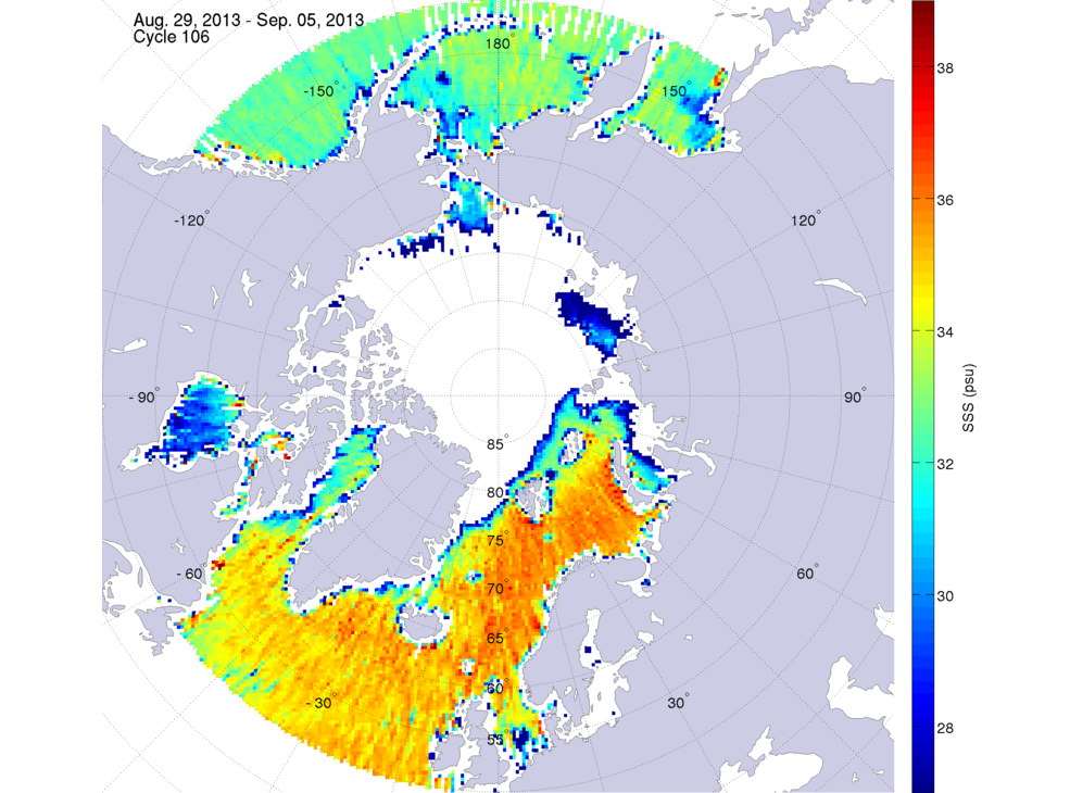 Sea surface salinity maps of the northern hemisphere ocean, week ofAugust 29 - September 5, 2013.
