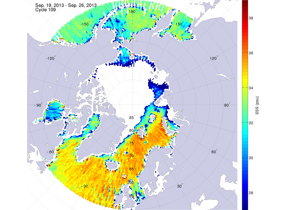 Sea surface salinity maps of the northern hemisphere ocean, week ofSeptember 19-26, 2013.