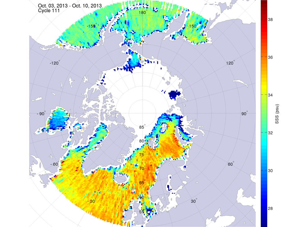 Sea surface salinity maps of the northern hemisphere ocean, week ofOctober 3-10, 2013.