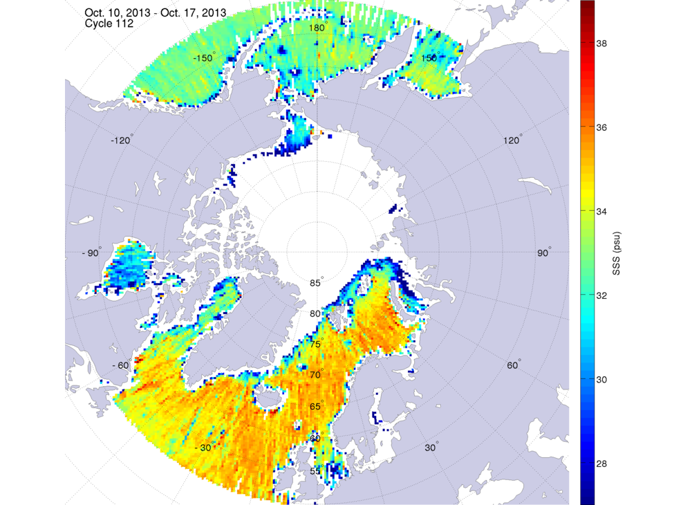 Sea surface salinity maps of the northern hemisphere ocean, week ofOctober 10-17, 2013.