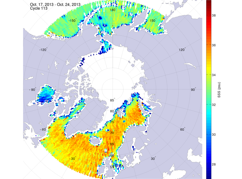 Sea surface salinity maps of the northern hemisphere ocean, week ofOctober 17-24, 2013.