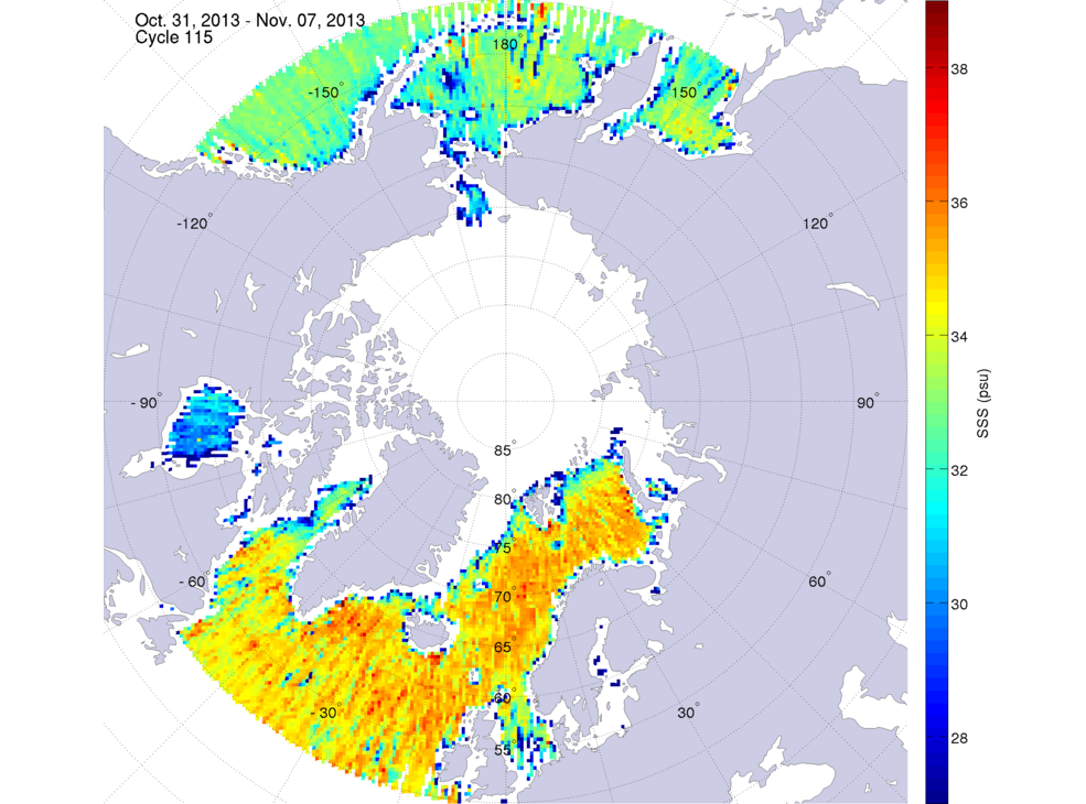 Sea surface salinity maps of the northern hemisphere ocean, week ofOctober 31 - November 7, 2013.