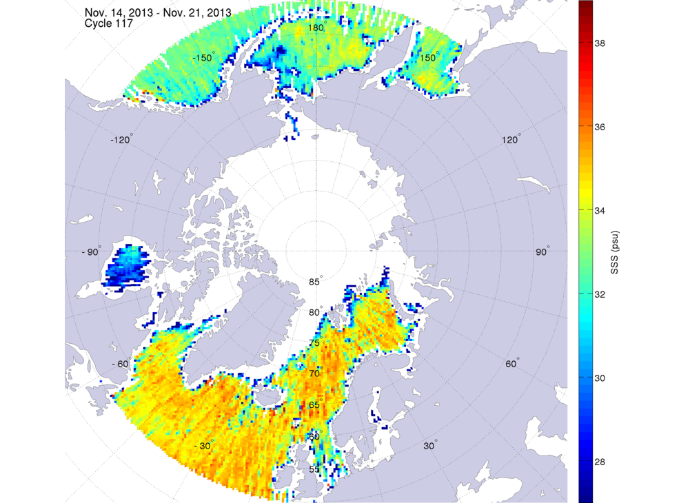 Sea surface salinity maps of the northern hemisphere ocean, week ofNovember 14-21, 2013.