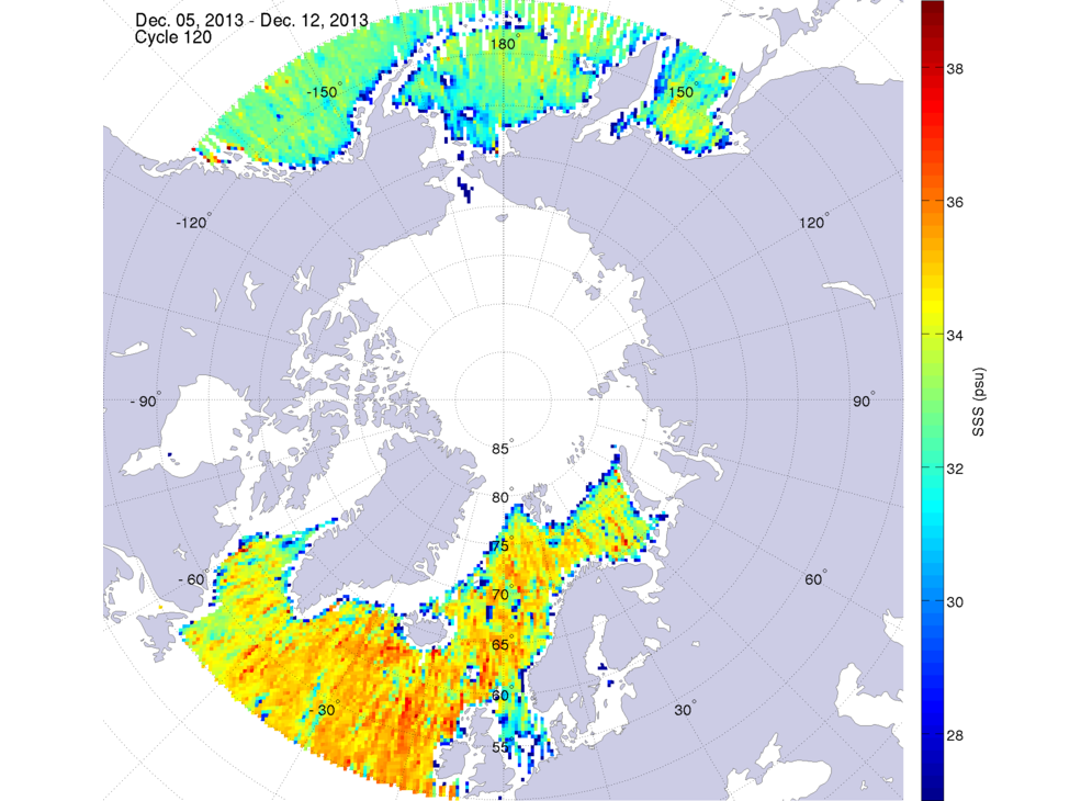Sea surface salinity maps of the northern hemisphere ocean, week ofDecember 5-12, 2013.