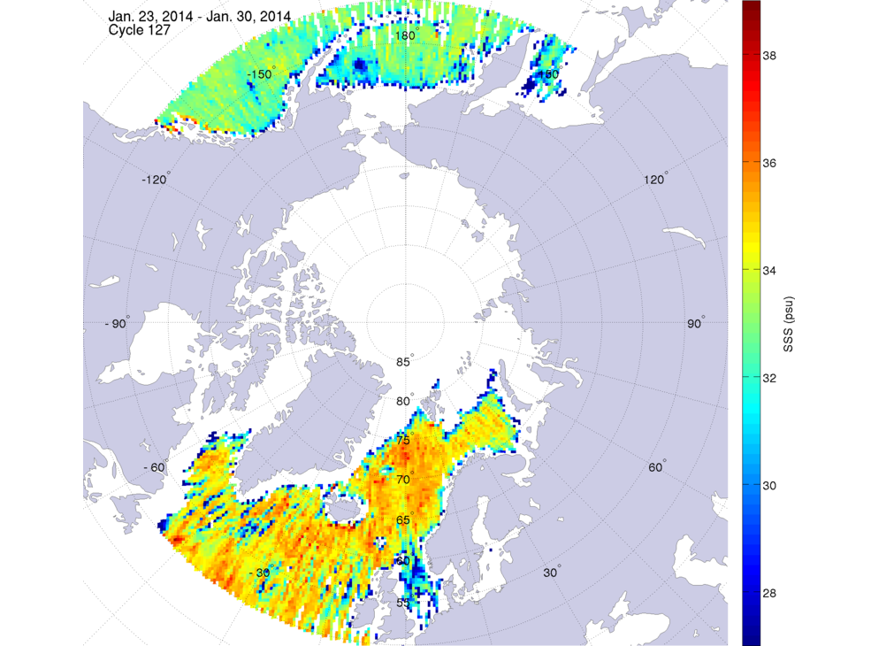 Sea surface salinity maps of the northern hemisphere ocean, week ofJanuary 23-30, 2014.