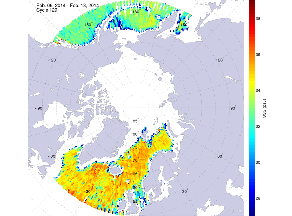 Sea surface salinity maps of the northern hemisphere ocean, week ofFebruary 6-13, 2014.