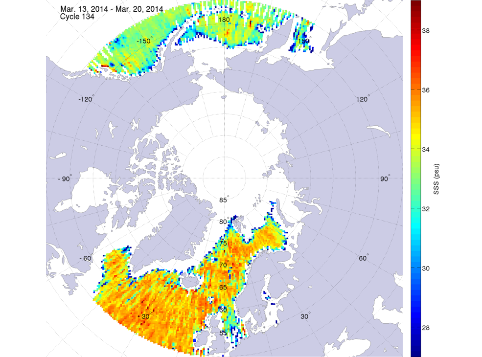 Sea surface salinity maps of the northern hemisphere ocean, week ofMarch 13-20, 2014.