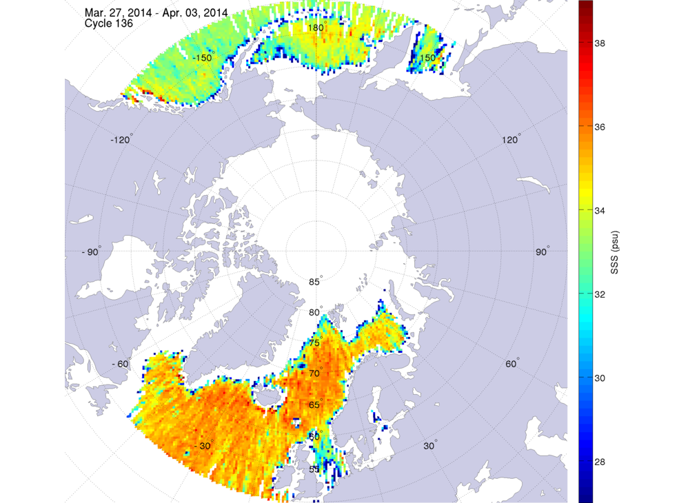 Sea surface salinity maps of the northern hemisphere ocean, week ofMarch 27, 2014 - April 3, 2014.