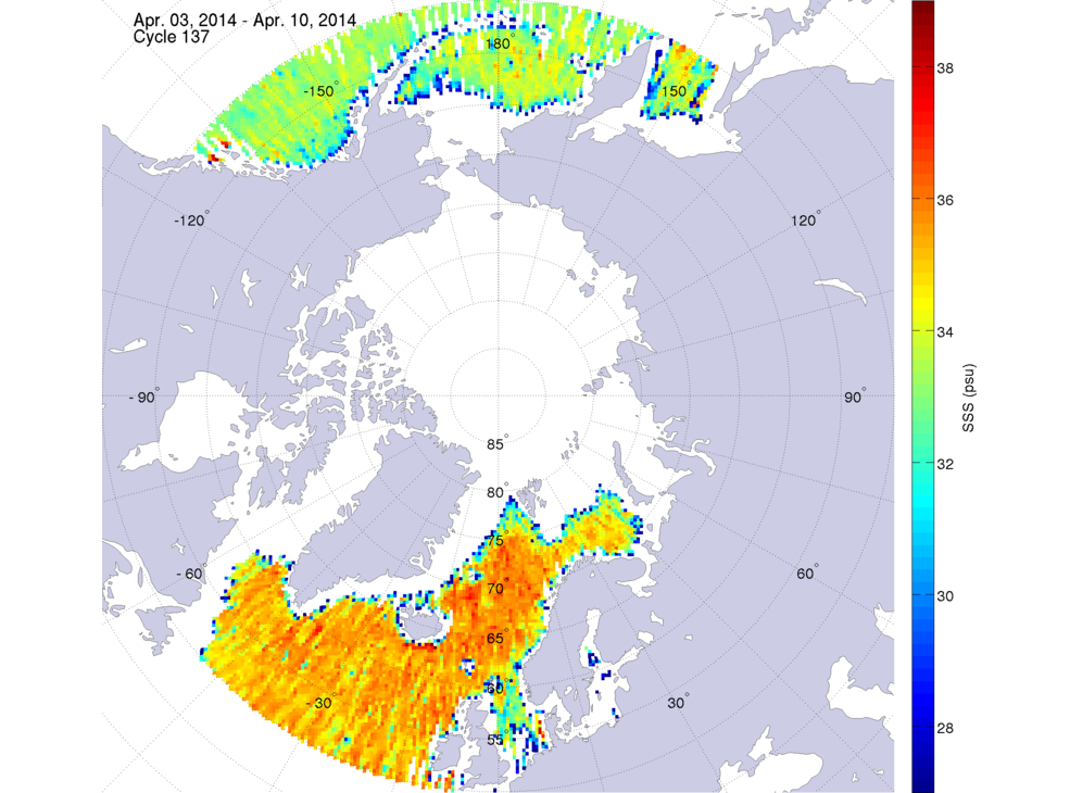 Sea surface salinity maps of the northern hemisphere ocean, week ofApril 3-10, 2014.