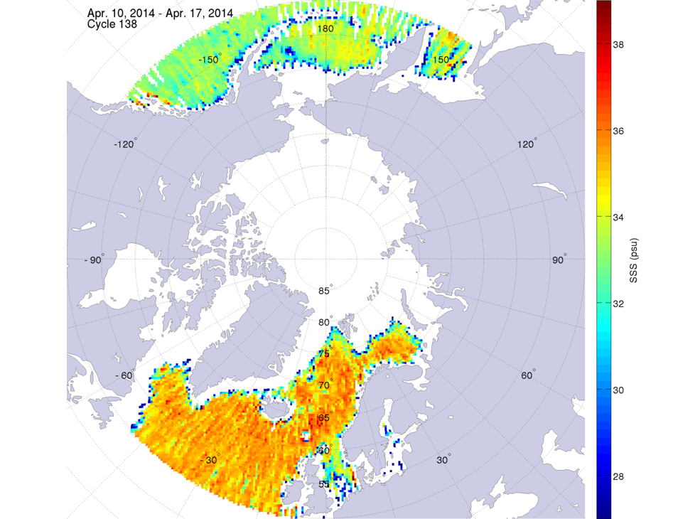Sea surface salinity maps of the northern hemisphere ocean, week ofApril 10-17, 2014.