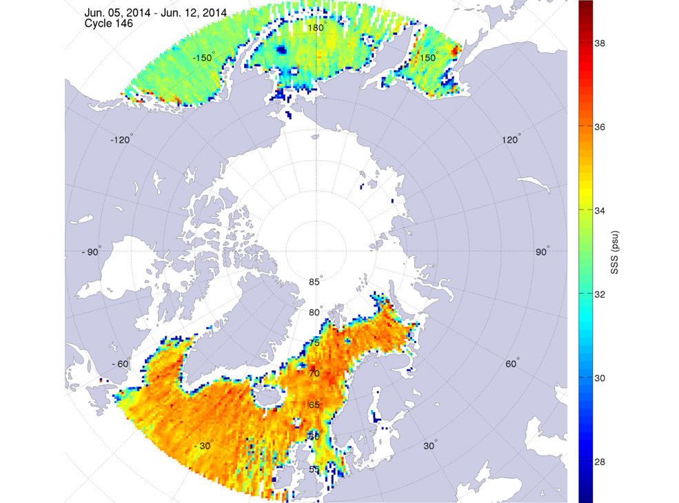 Sea surface salinity maps of the northern hemisphere ocean, week ofJune 5-12, 2014.
