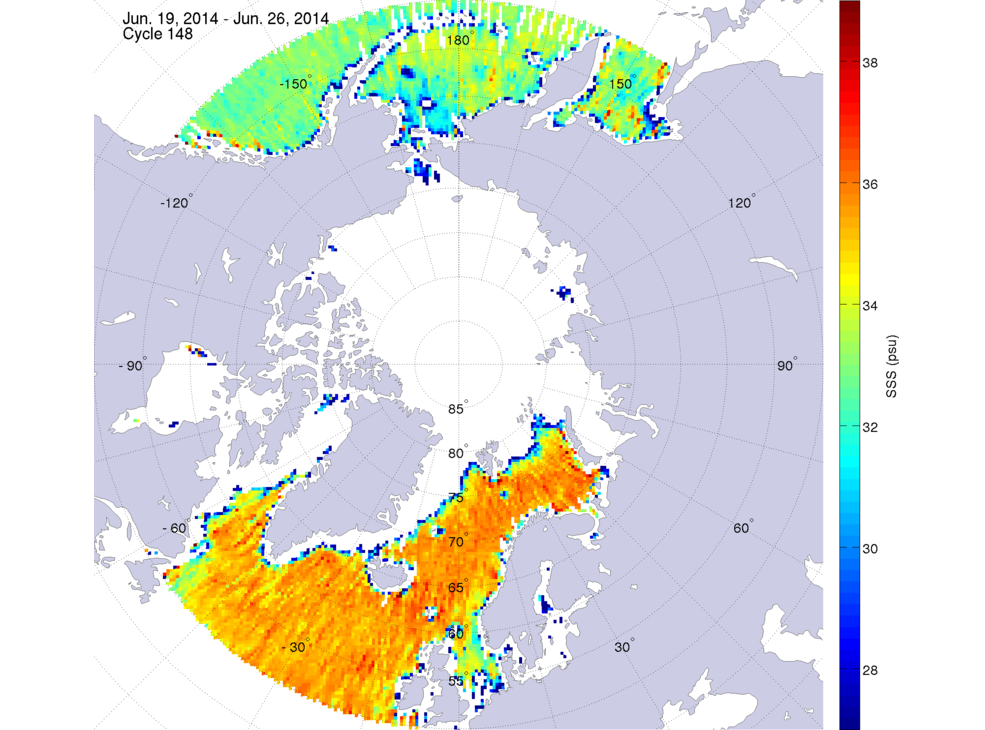 Sea surface salinity maps of the northern hemisphere ocean, week ofJune 19-26, 2014.