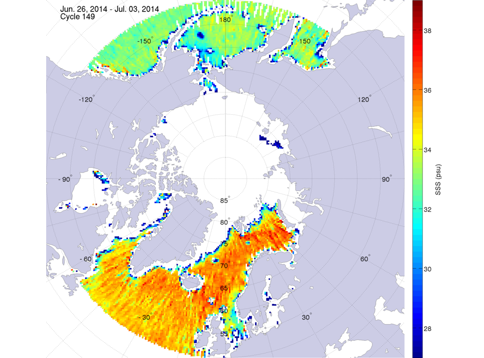 Sea surface salinity maps of the northern hemisphere ocean, week ofJune 26 - July 3, 2014.