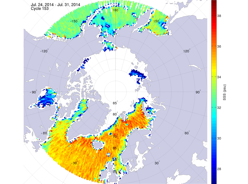 Sea surface salinity maps of the northern hemisphere ocean, week ofJuly 24-31, 2014.