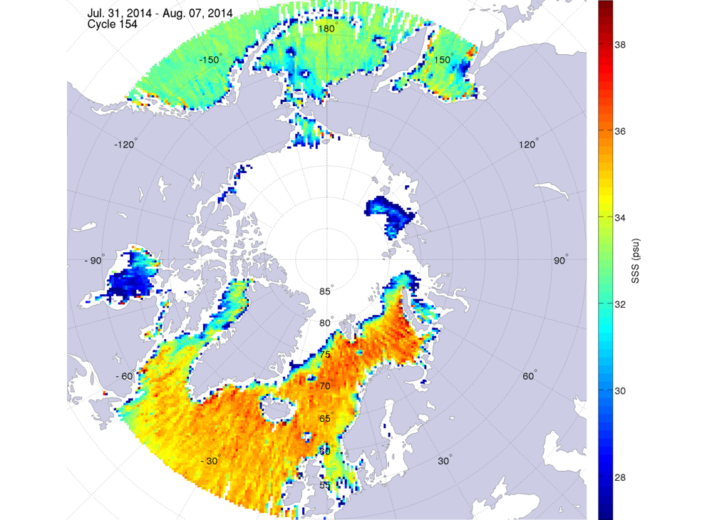 Sea surface salinity maps of the northern hemisphere ocean, week ofJuly 31 - August 7, 2014.