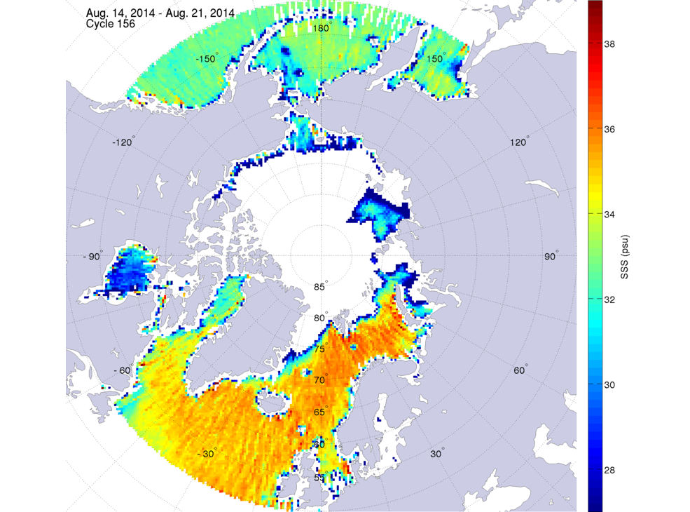 Sea surface salinity maps of the northern hemisphere ocean, week ofAugust 14-21, 2014.