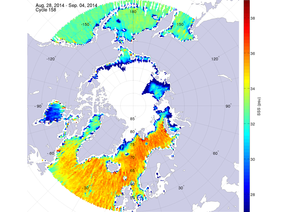Sea surface salinity maps of the northern hemisphere ocean, week ofAugust 28 - September 4, 2014.