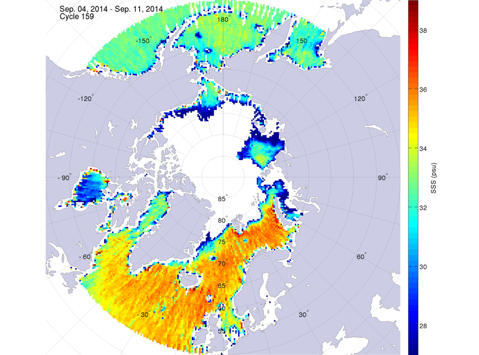 Sea surface salinity maps of the northern hemisphere ocean, week ofSeptember 4-11, 2014.