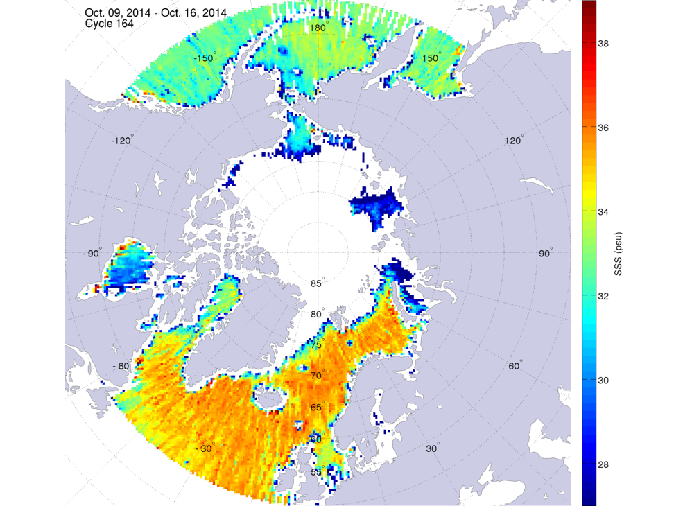 Sea surface salinity maps of the northern hemisphere ocean, week ofOctober 9-16, 2014.