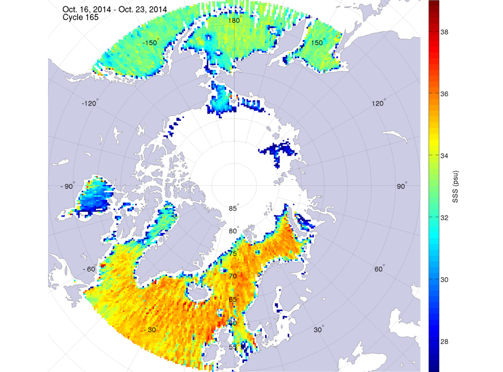 Sea surface salinity maps of the northern hemisphere ocean, week ofOctober 16-23, 2014.