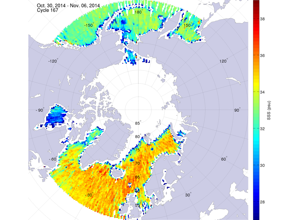 Sea surface salinity maps of the northern hemisphere ocean, week ofOcrober 30 - Novermber 6.
