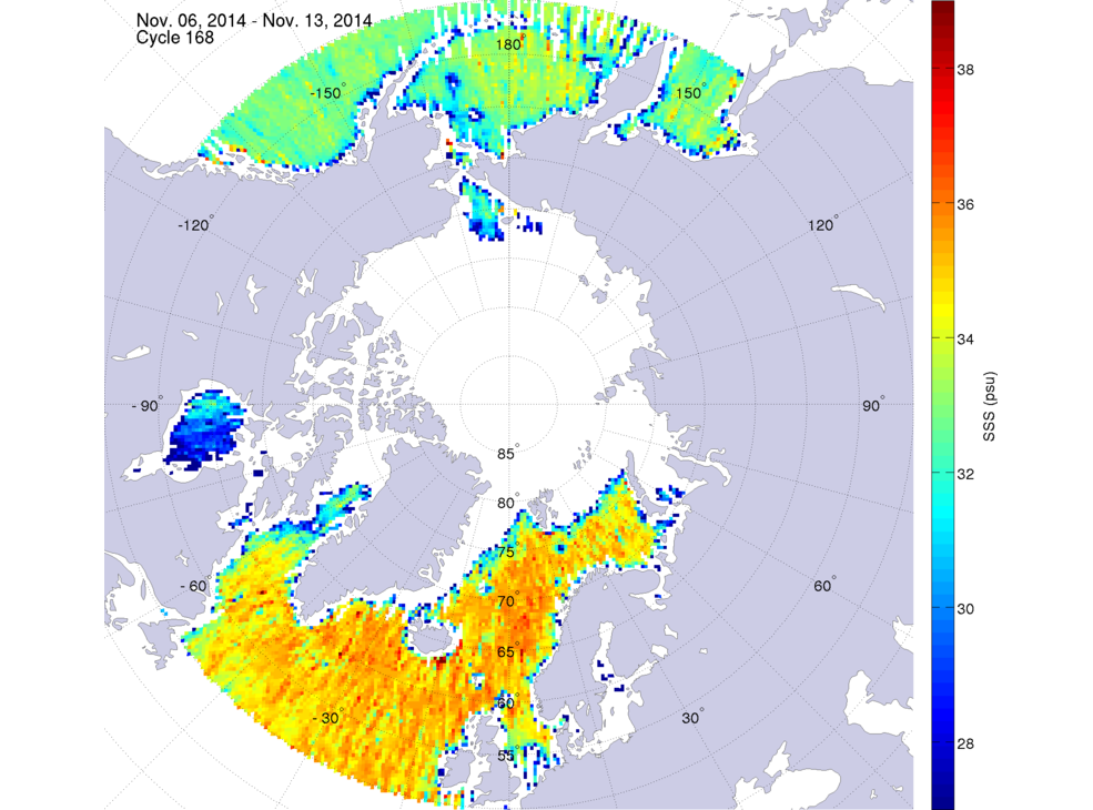 Sea surface salinity maps of the northern hemisphere ocean, week ofNovember 6-13, 2014.