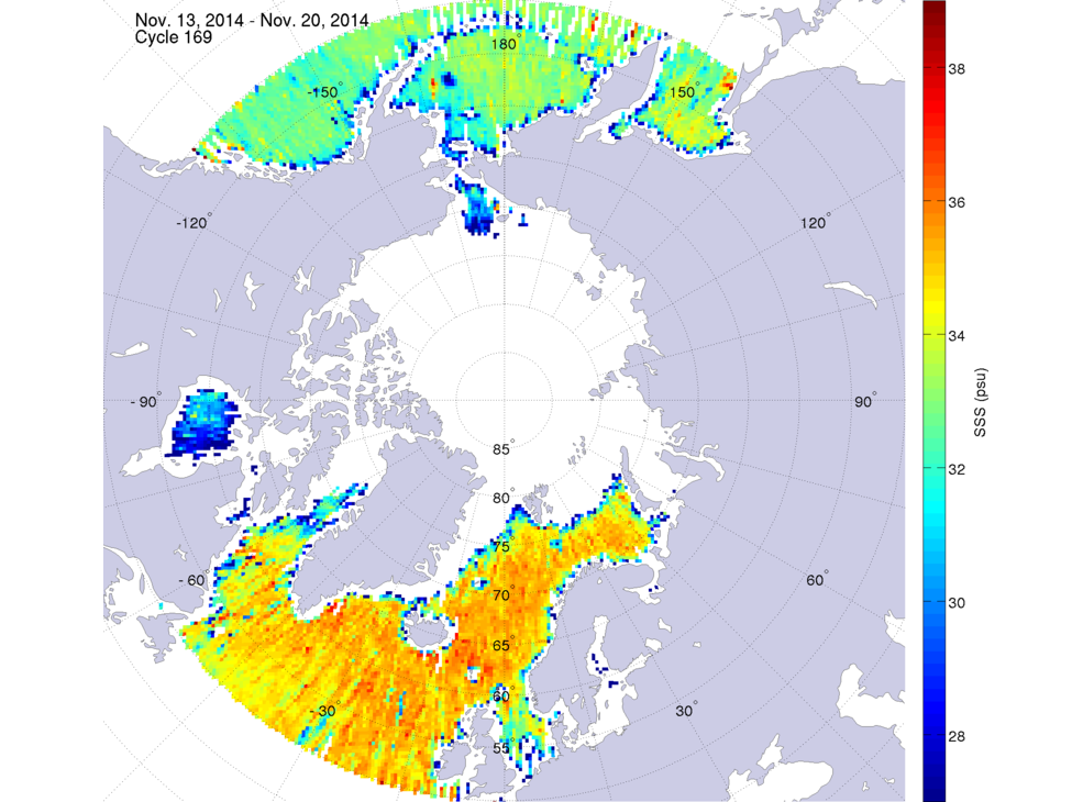 Sea surface salinity maps of the northern hemisphere ocean, week ofNovember 13-20, 2014.