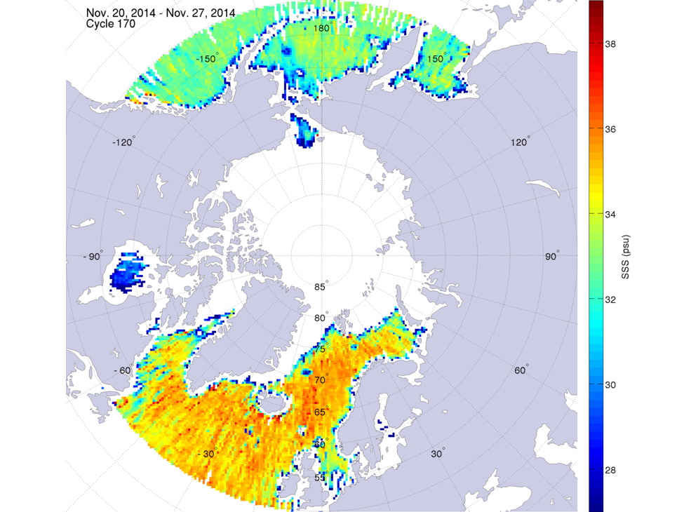 Sea surface salinity maps of the northern hemisphere ocean, week ofNovember 20-27, 2014.