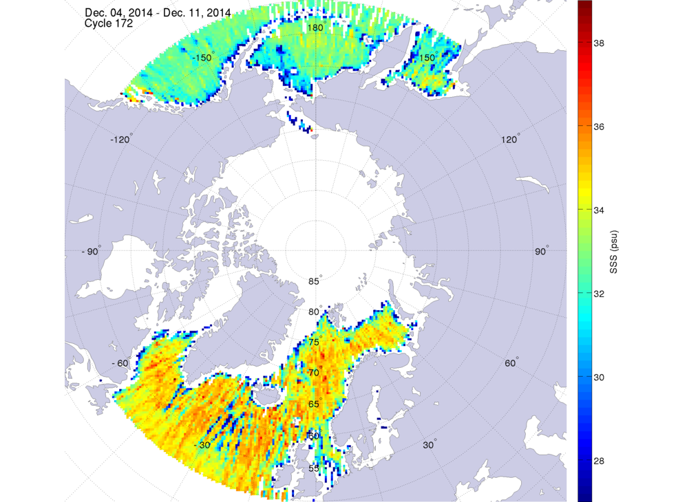 Sea surface salinity maps of the northern hemisphere ocean, week ofDecember 4-11, 2014.