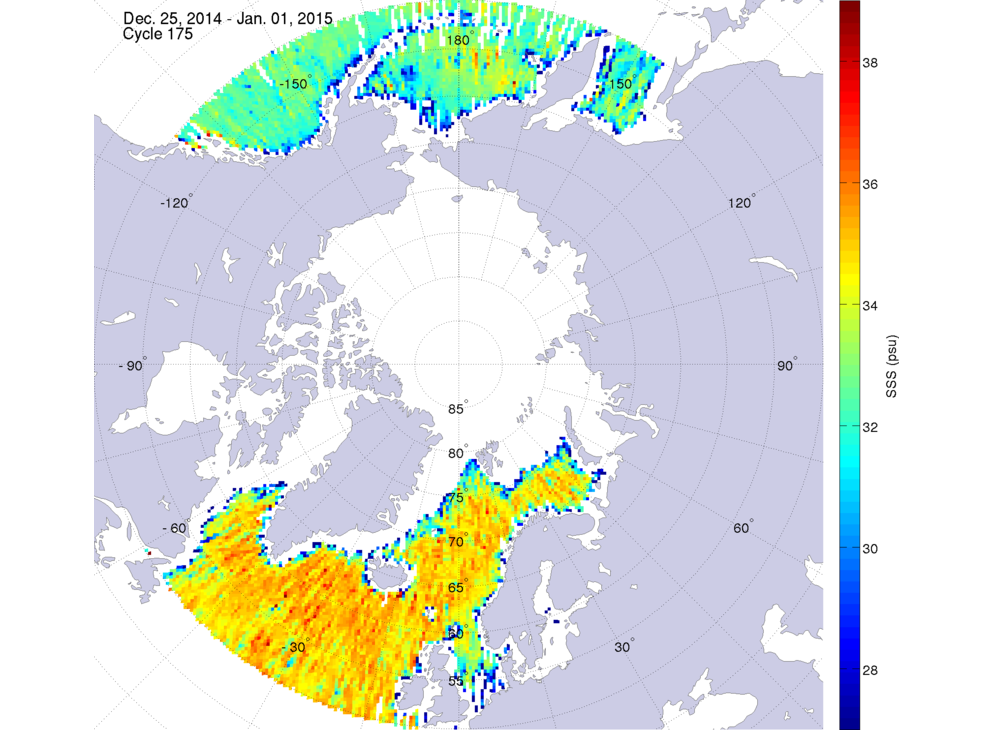 Sea surface salinity maps of the northern hemisphere ocean, week ofDecember 25, 2014 - January 1, 2015.
