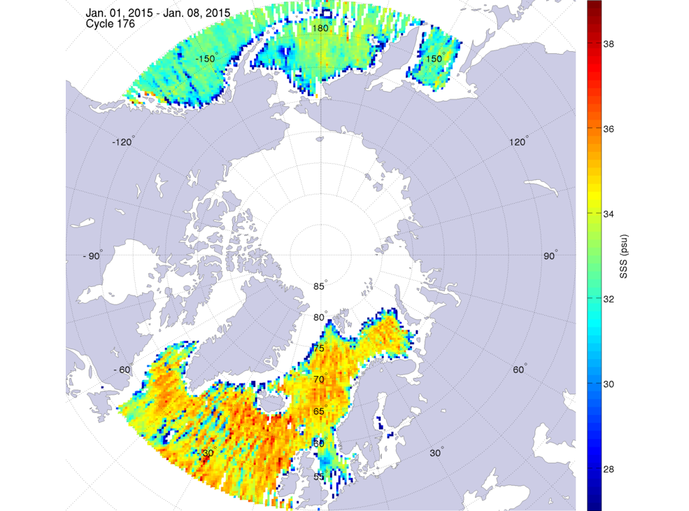 Sea surface salinity maps of the northern hemisphere ocean, week ofJanuary 1-8, 2015.
