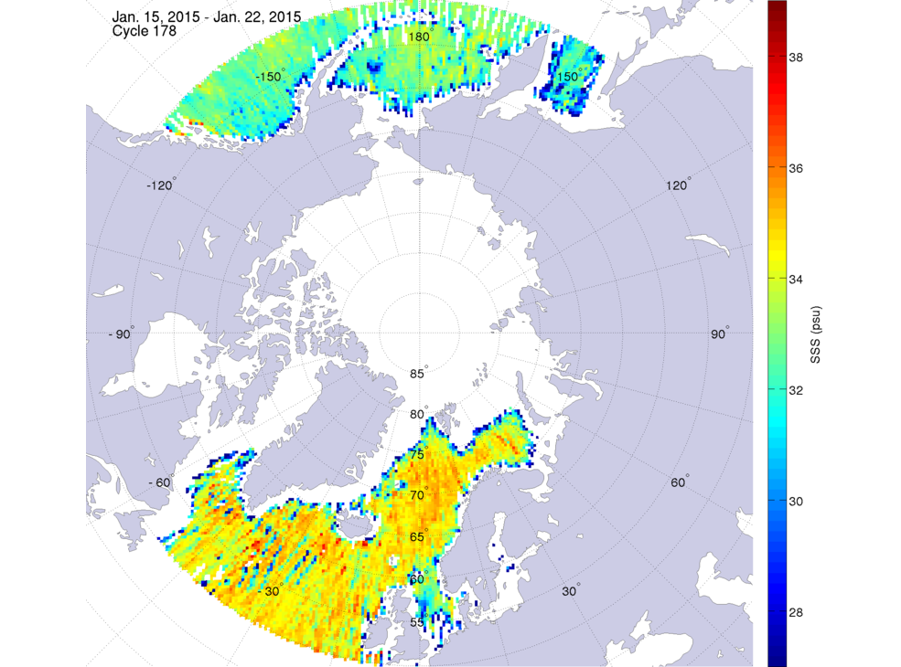 Sea surface salinity maps of the northern hemisphere ocean, week ofJanuary 15-22, 2015.