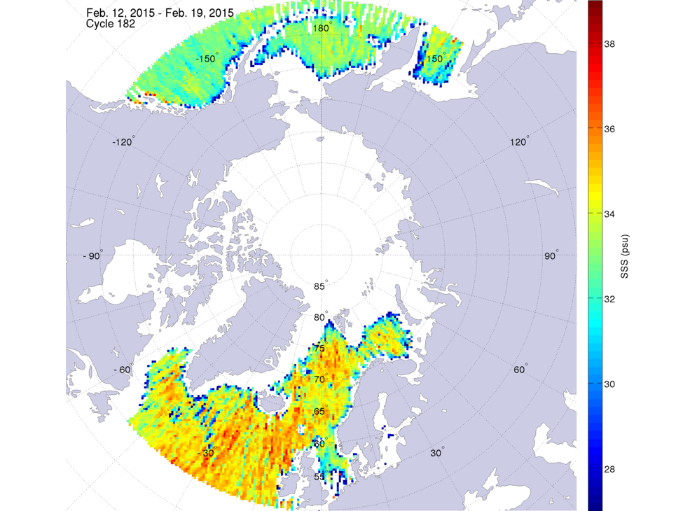 Sea surface salinity maps of the northern hemisphere ocean, week ofFebruary 12-19, 2015.