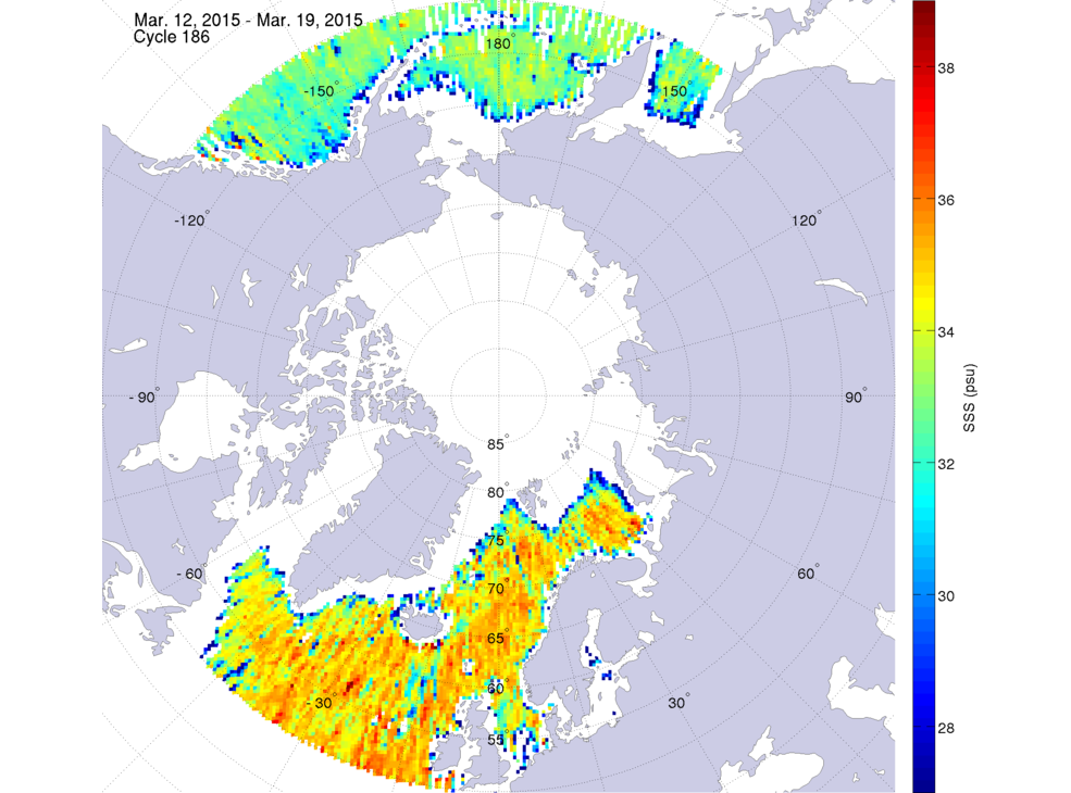 Sea surface salinity maps of the northern hemisphere ocean, week ofMarch 12-19, 2015.