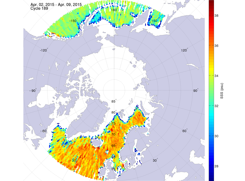 Sea surface salinity maps of the northern hemisphere ocean, week ofApril 2-9, 2015.