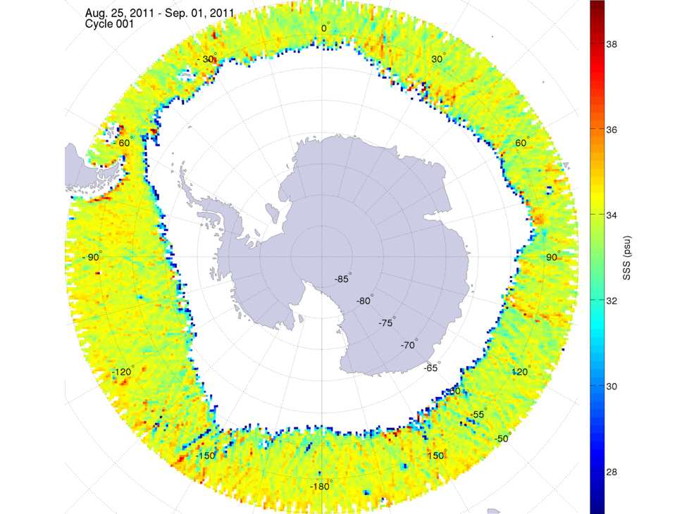 Sea surface salinity map of the southern hemisphere ocean, week ofAugust 25 - September 1, 2011.