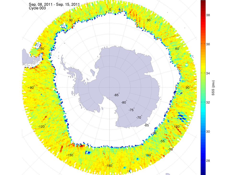 Sea surface salinity map of the southern hemisphere ocean, week ofSeptember 8-15, 2011.