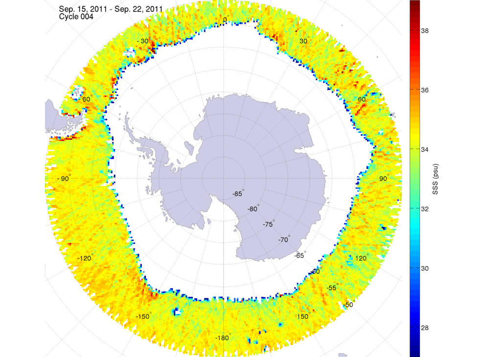 Sea surface salinity map of the southern hemisphere ocean, week ofSeptember 15-22, 2011.