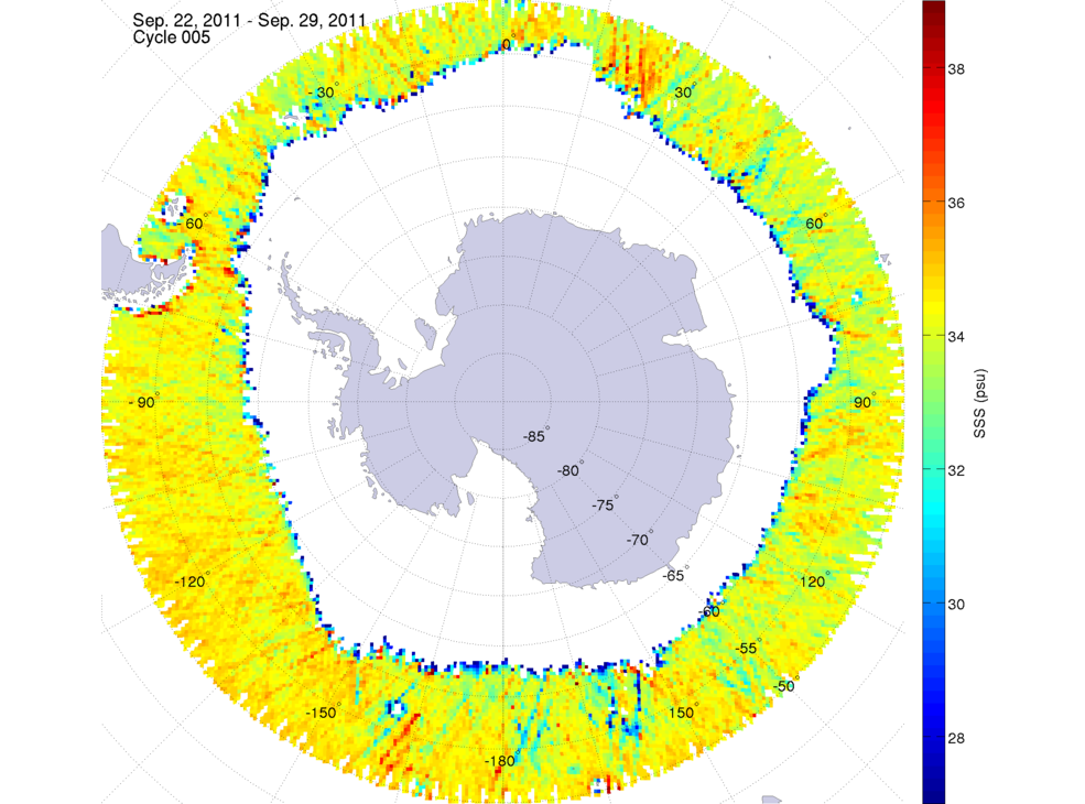Sea surface salinity map of the southern hemisphere ocean, week ofSeptember 22-29, 2011.