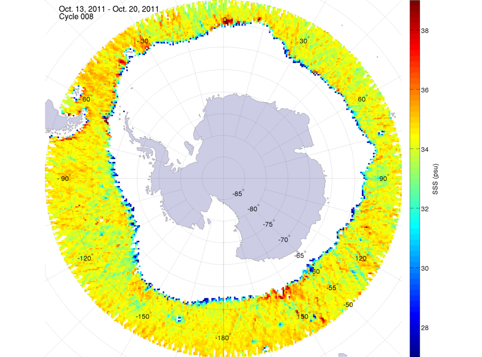 Sea surface salinity map of the southern hemisphere ocean, week ofOctober 13-20, 2011.