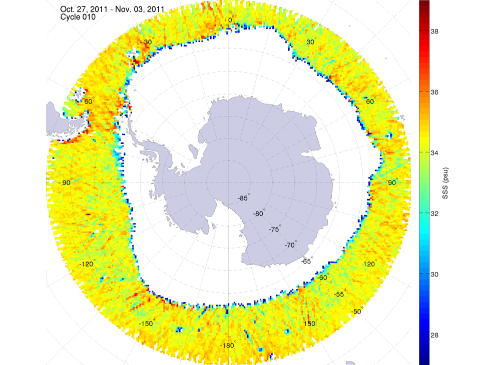 Sea surface salinity map of the southern hemisphere ocean, week ofOctober 27 - November 3, 2011.