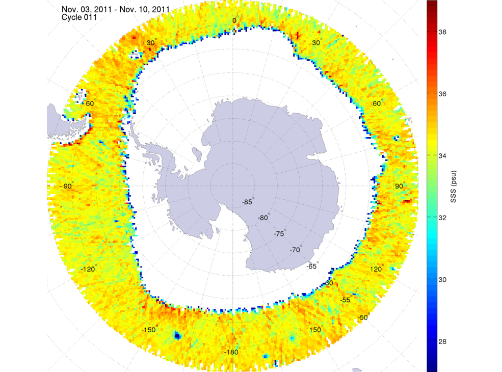 Sea surface salinity map of the southern hemisphere ocean, week ofNovember 3-10, 2011.
