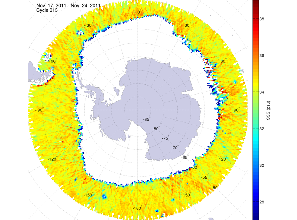 Sea surface salinity map of the southern hemisphere ocean, week ofNovember 17-24, 2011.