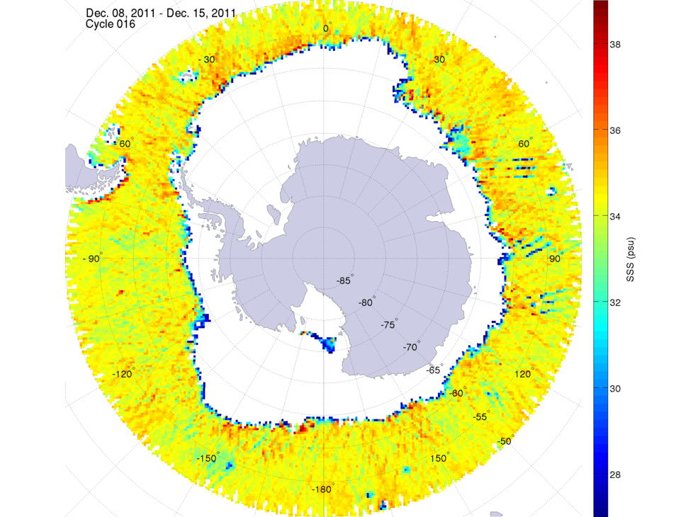 Sea surface salinity map of the southern hemisphere ocean, week ofDecember 8-15, 2011.