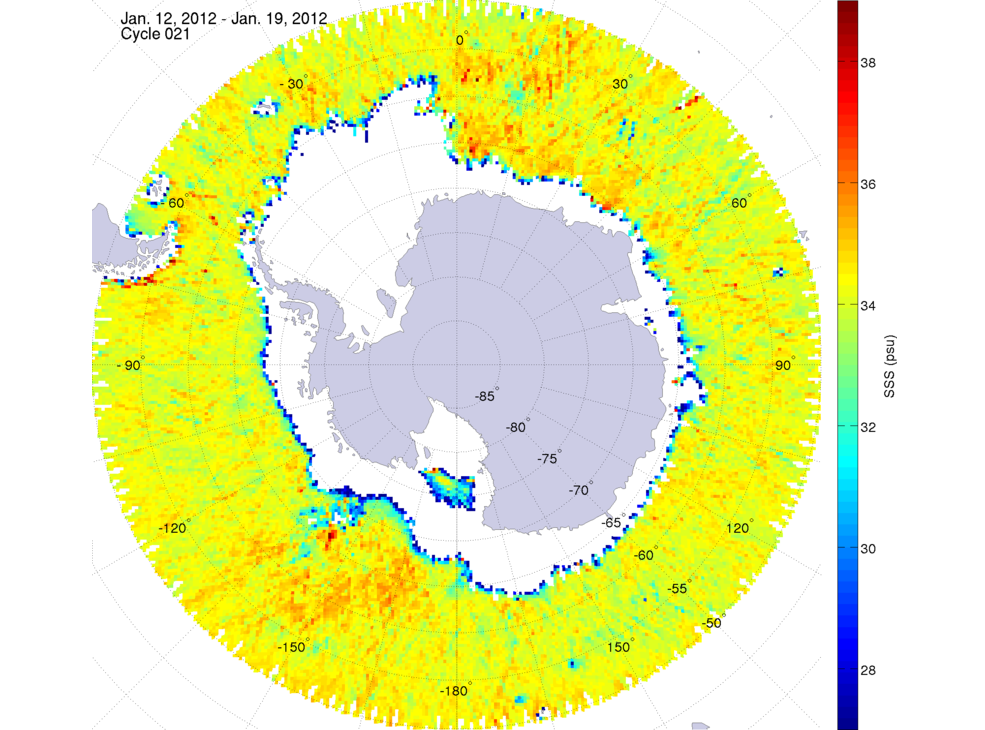 Sea surface salinity map of the southern hemisphere ocean, week ofJanuary 12-19, 2012.